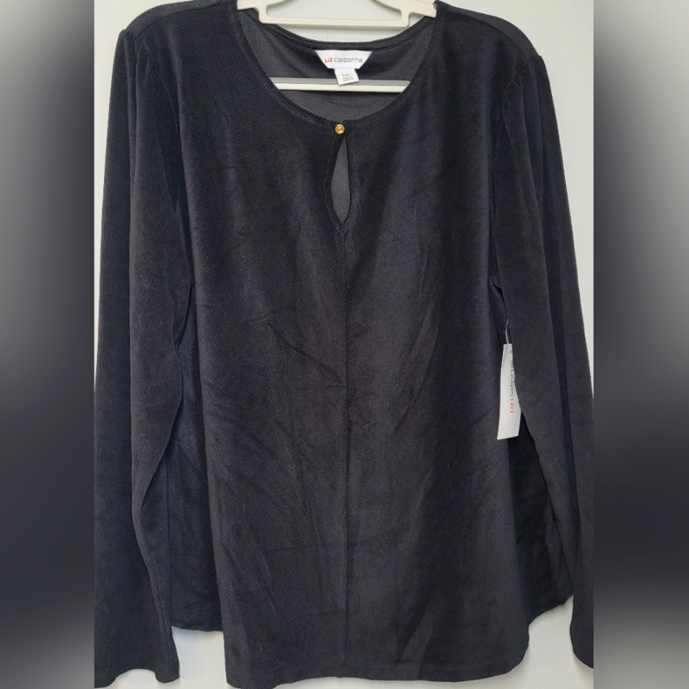 Liz Claiborne Black Long Sleeve Sweater V-Neck with keyhole button front XXL NWT